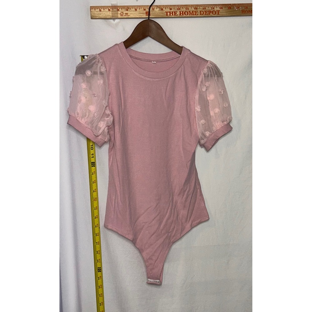 Pink Puff Sleeve Bodysuit Sheer Tulle Dot Short Sleeve Snap Closure Womens Small